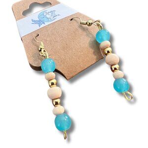 Arwen and Gwen Dangly Drop Earrings, Aqua Glass and Wood Beads